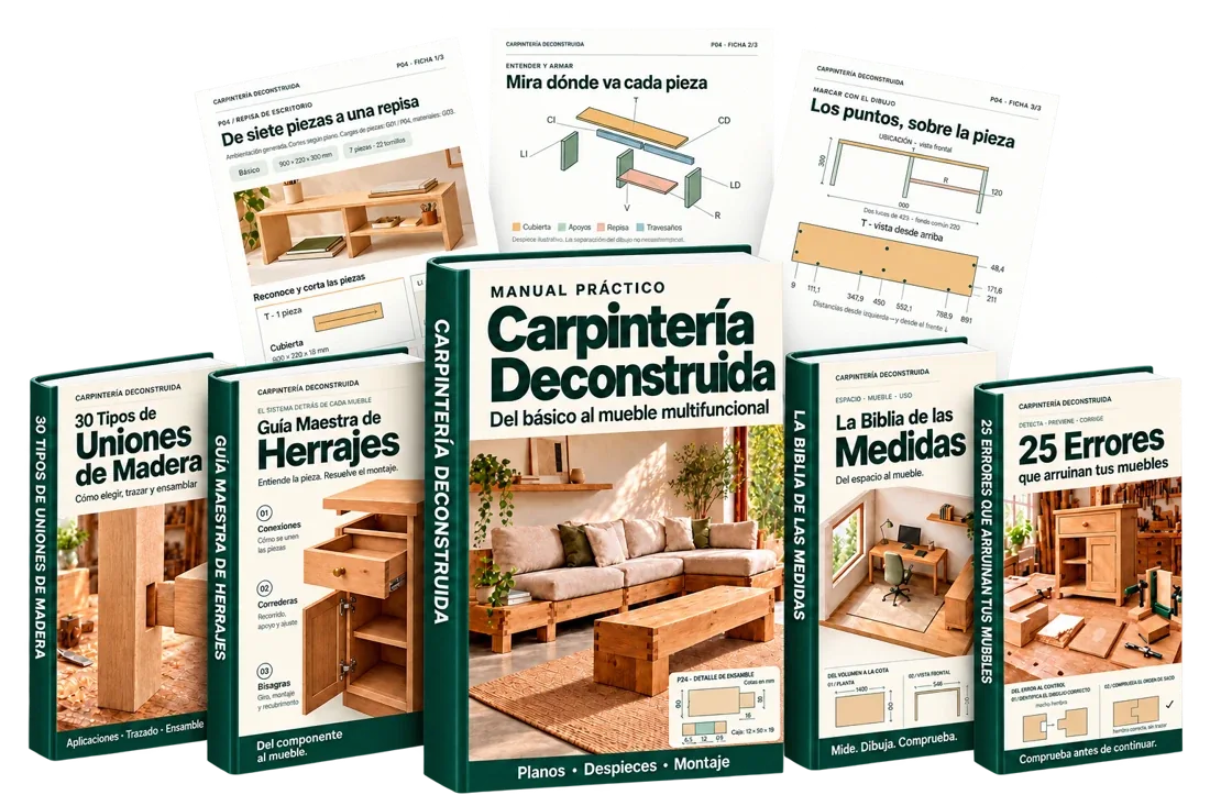 Manual Carpintería Deconstruida, sus cuatro bonos y páginas reales de despiece y montaje